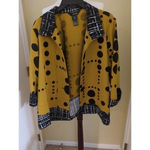Ali Miles Button Up Blouse Artsy Gold Black Abstract Print Art To Wear PL NEW